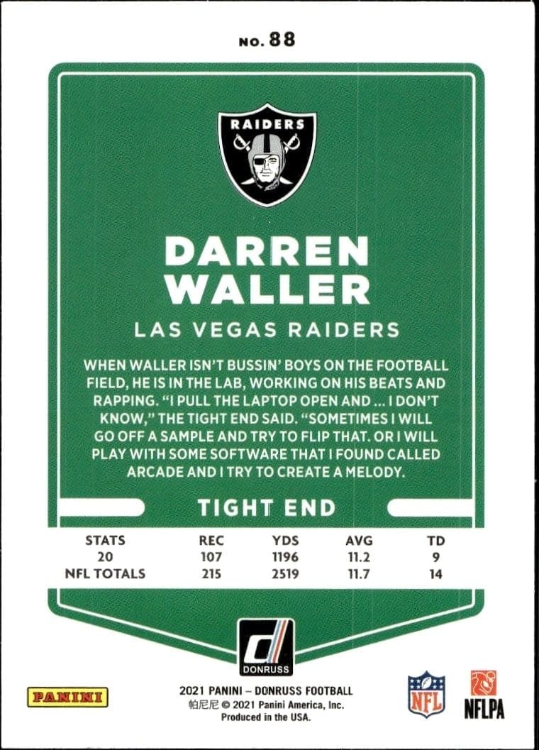 2021 Donruss Darren Waller #88 football trading card back