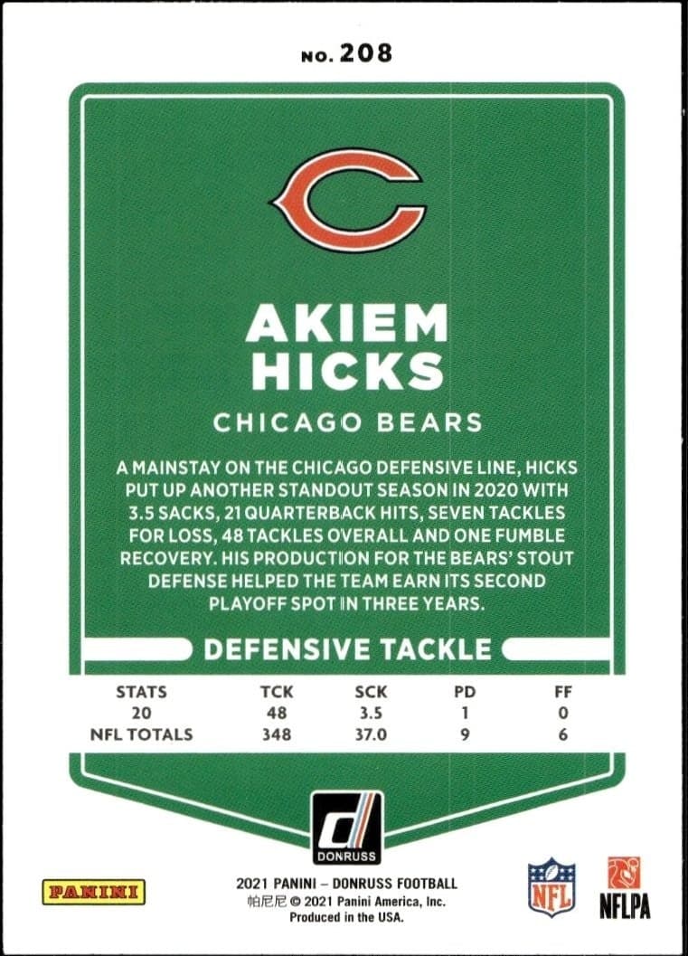 2021 Donruss Akiem Hicks #208 football trading card back