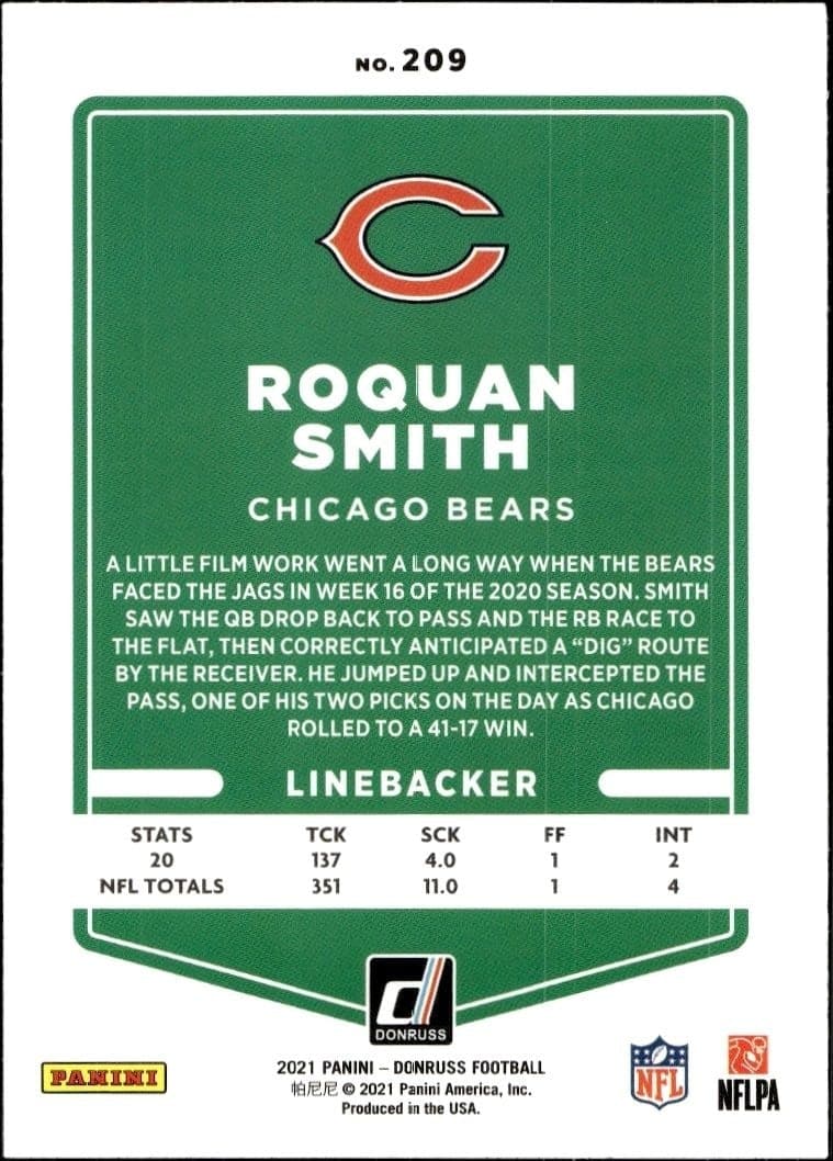 2021 Donruss Roquan Smith #209 football trading card back