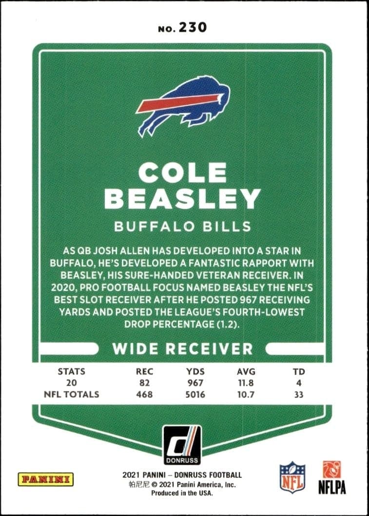 2021 Donruss Cole Beasley #230 football trading card back