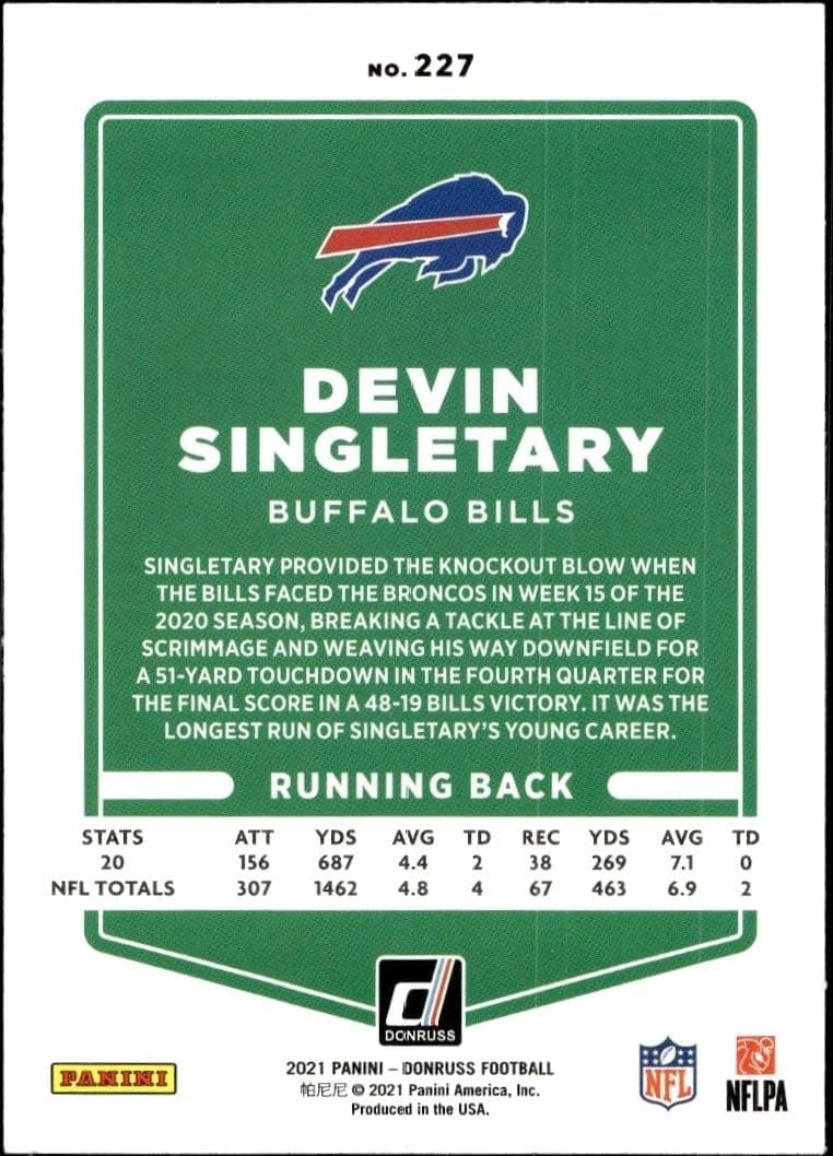 2021 Donruss Devin Singletary #227 football trading card back