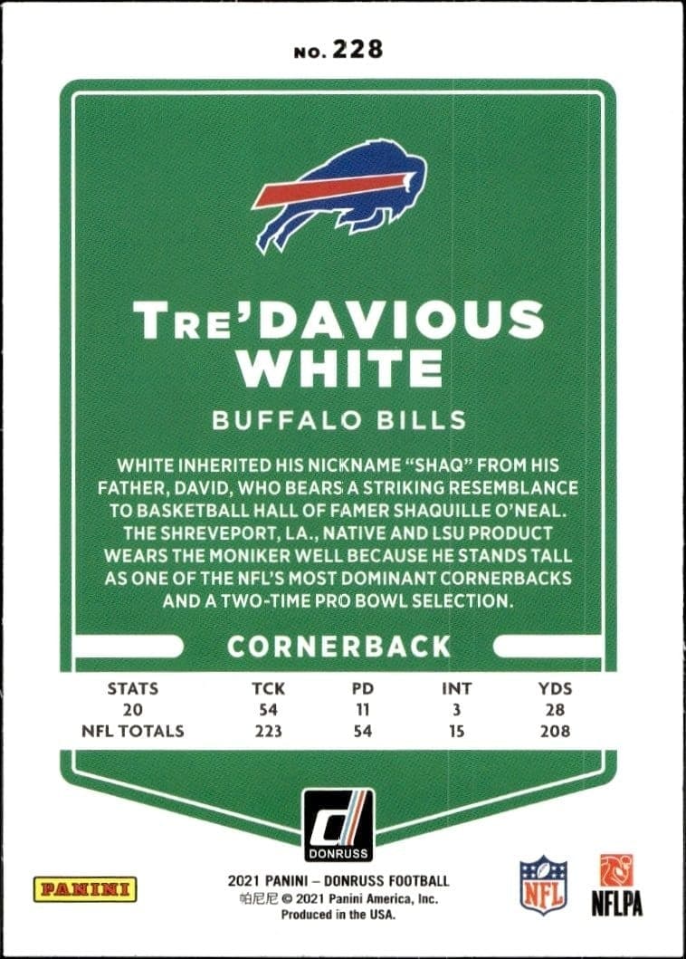 2021 Donruss Tre'Davious White #228 football trading card back