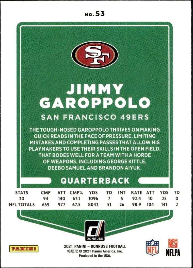 2021 Donruss Jimmy Garoppolo #53 football trading card back