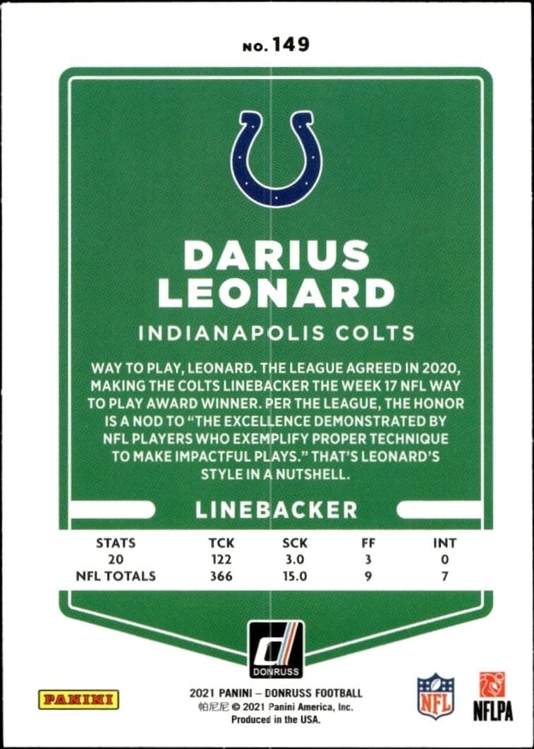 2021 Donruss Darius Leonard #149 football trading card back