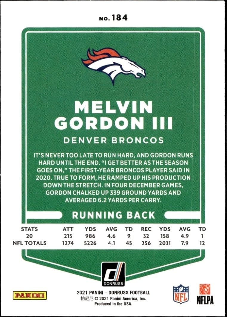 2021 Donruss Melvin Gordon III #184 football trading card back
