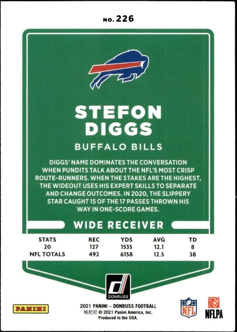 2021 Donruss Stefon Diggs #226 football trading card back