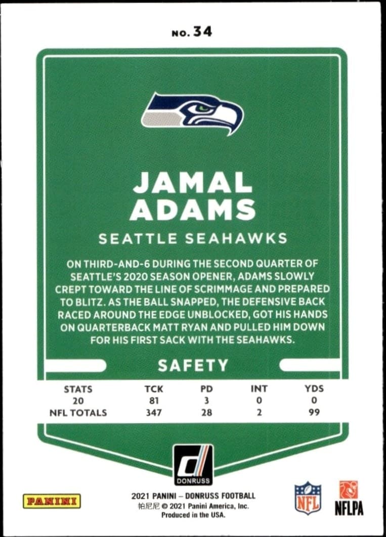 2021 Donruss Jamal Adams #34 football trading card back