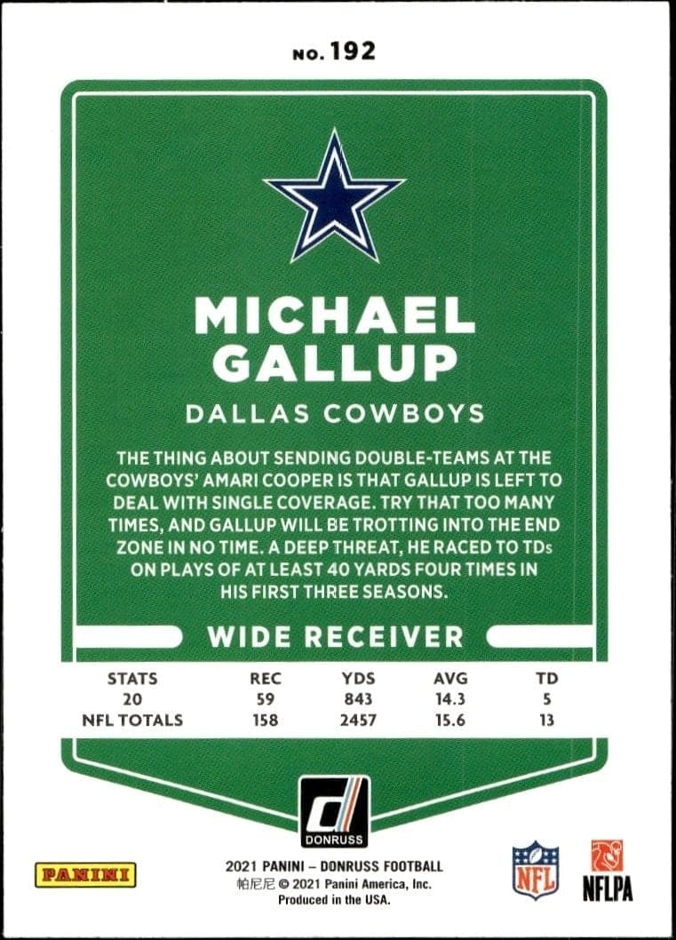 2021 Donruss Michael Gallup #192 football trading card back