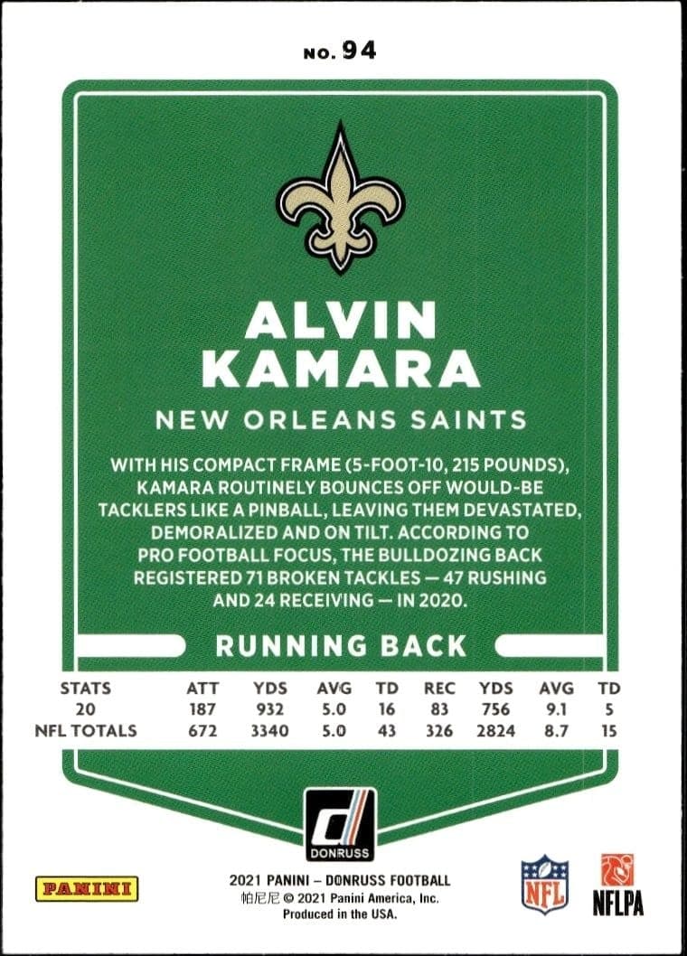 2021 Donruss Alvin Kamara #94 football trading card back