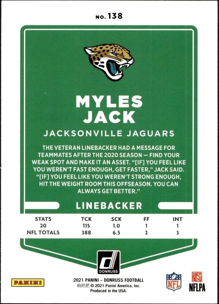 2021 Donruss Myles Jack #138 football trading card back