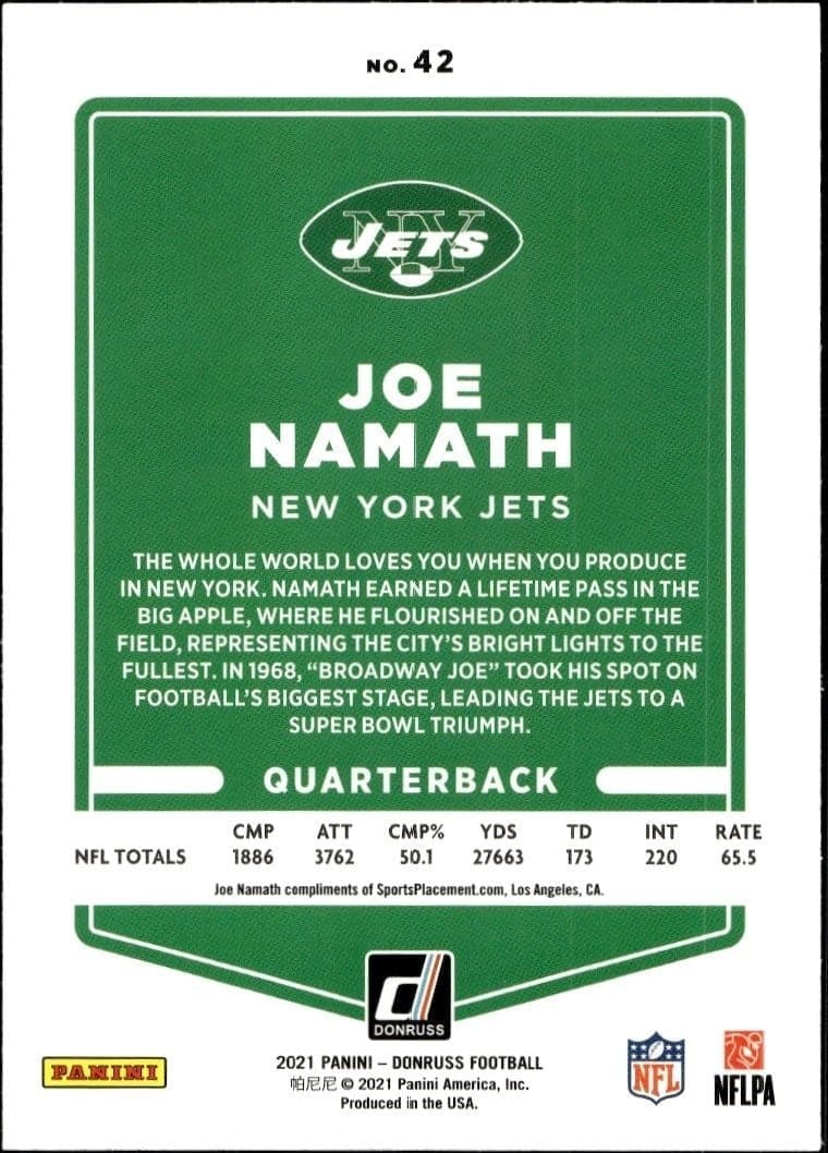 2021 Donruss Joe Namath #42 football trading card back