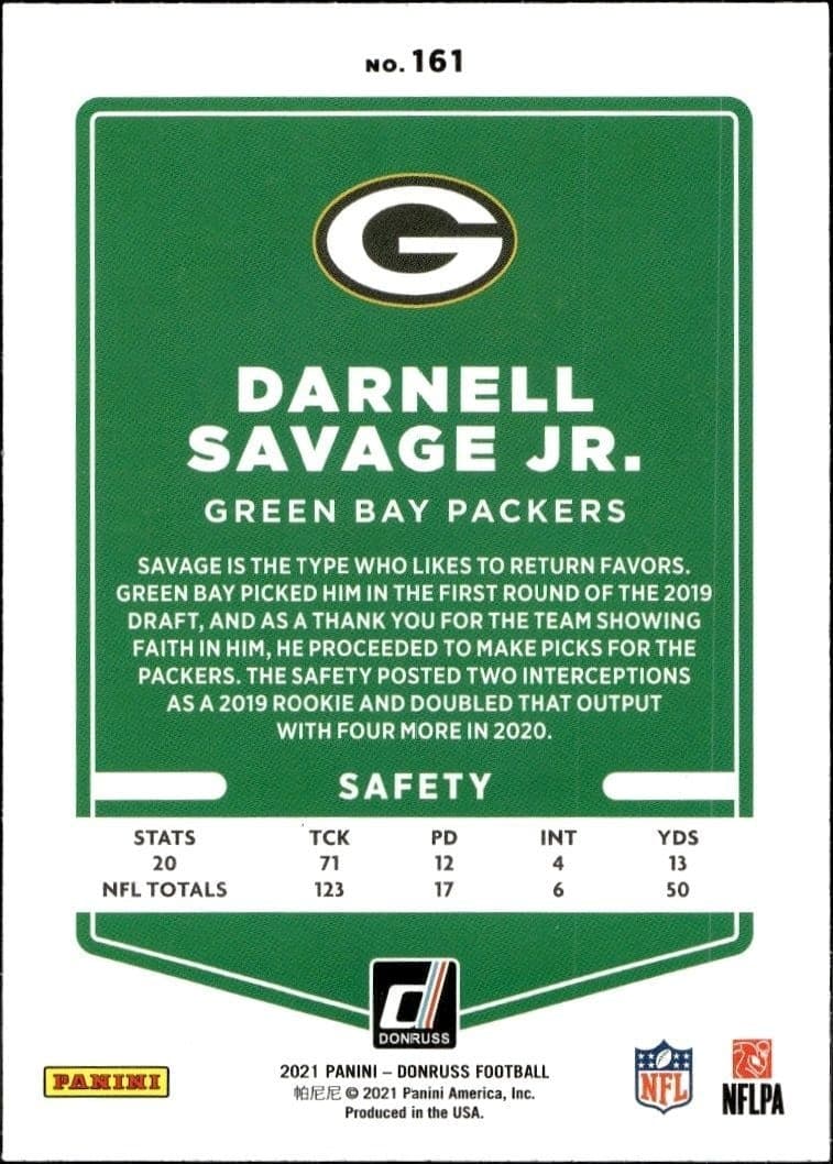 2021 Donruss Darnell Savage Jr. #161 football trading card back