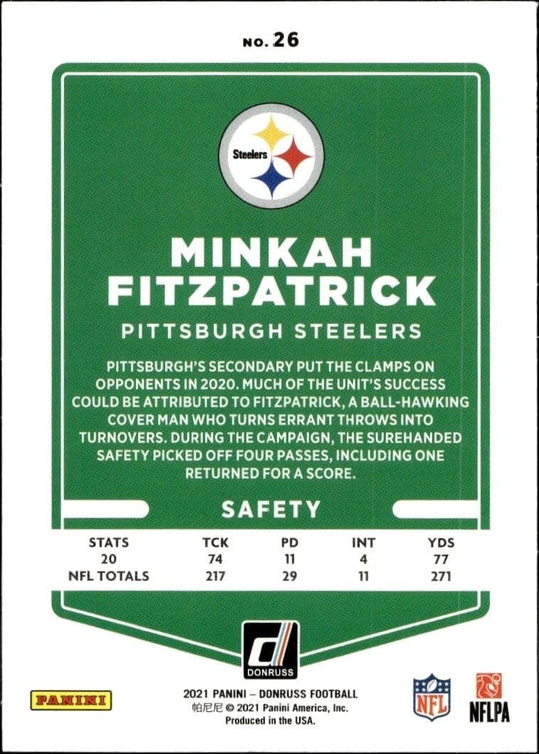 2021 Donruss Minkah Fitzpatrick #26 football trading card back
