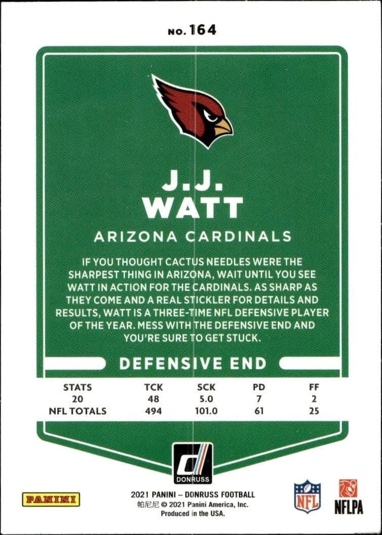 2021 Donruss J.J. Watt #164 football trading card back