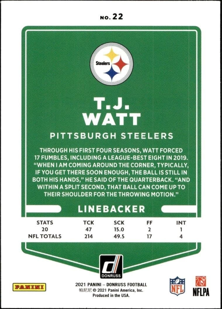2021 Donruss T.J. Watt #22 football trading card back