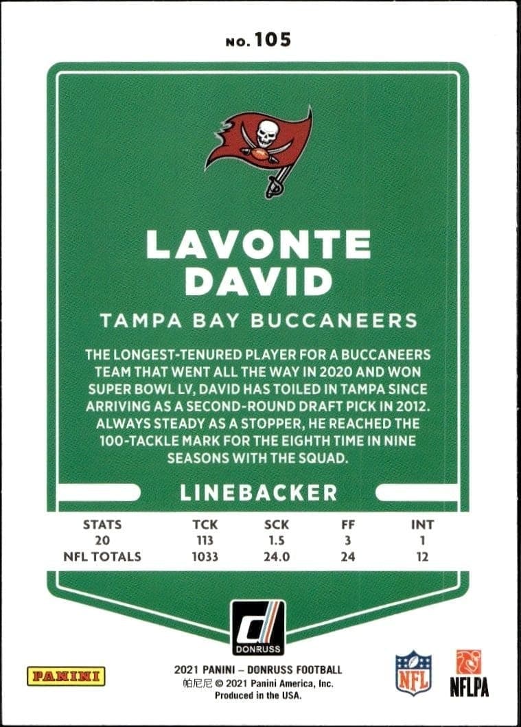 2021 Donruss Lavonte David #105 football trading card back