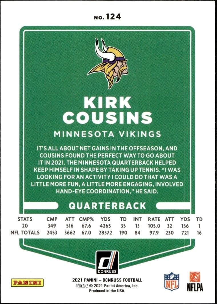 2021 Donruss Kirk Cousins #124 football trading card back