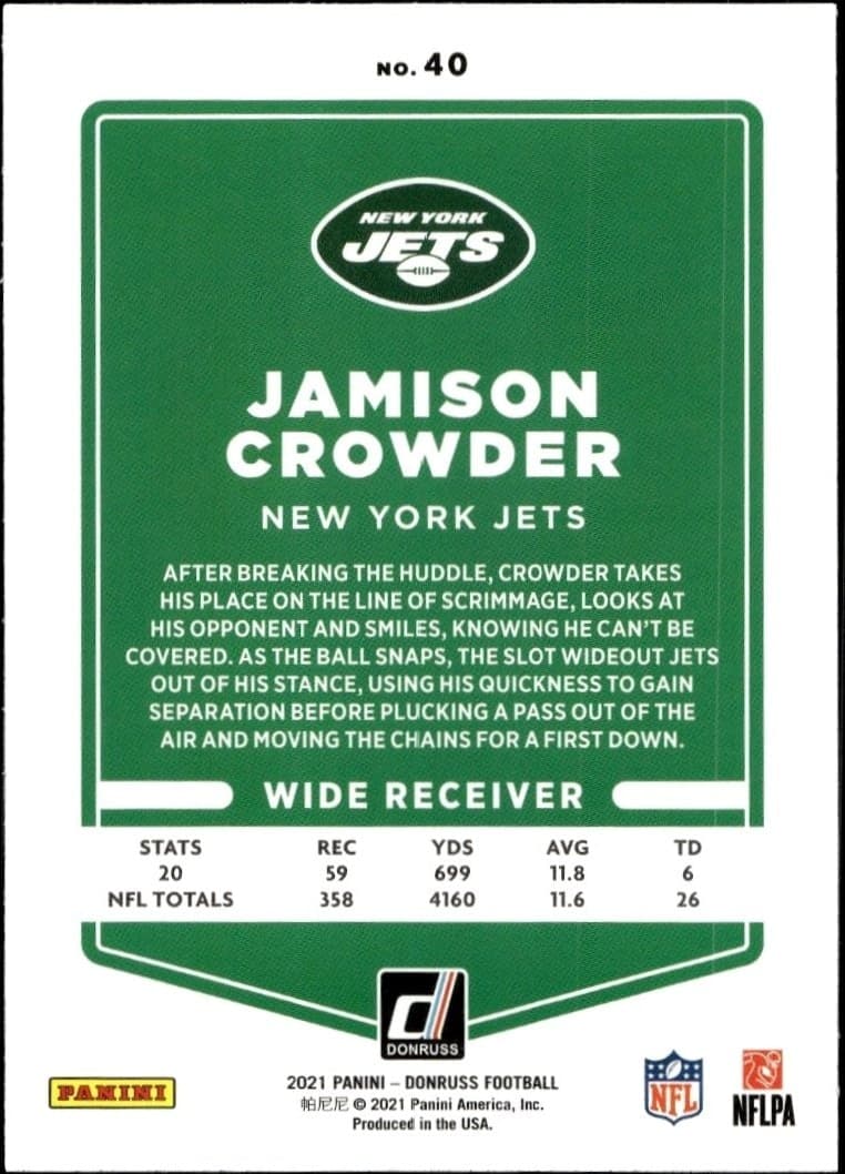 2021 Donruss Jamison Crowder #40 football trading card back