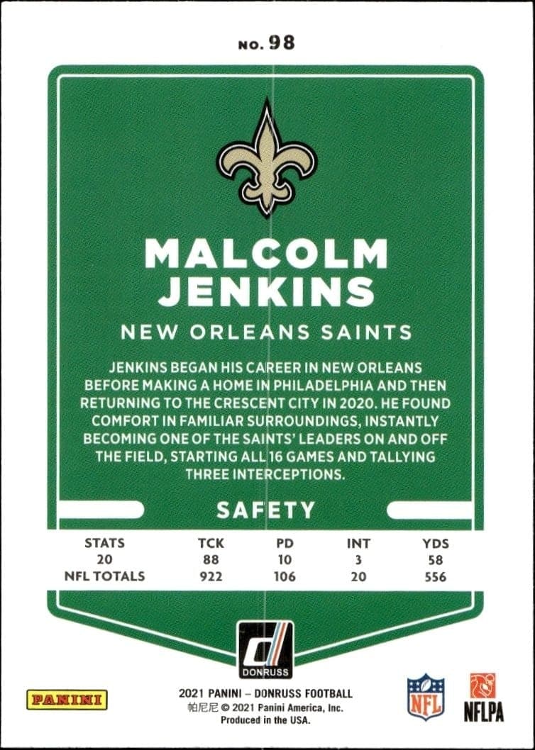 2021 Donruss Malcolm Jenkins #98 football trading card back