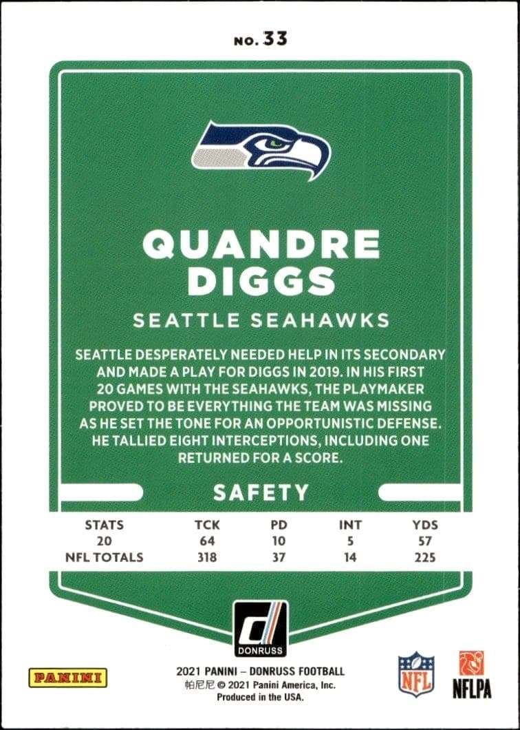 2021 Donruss Quandre Diggs #33 football trading card back