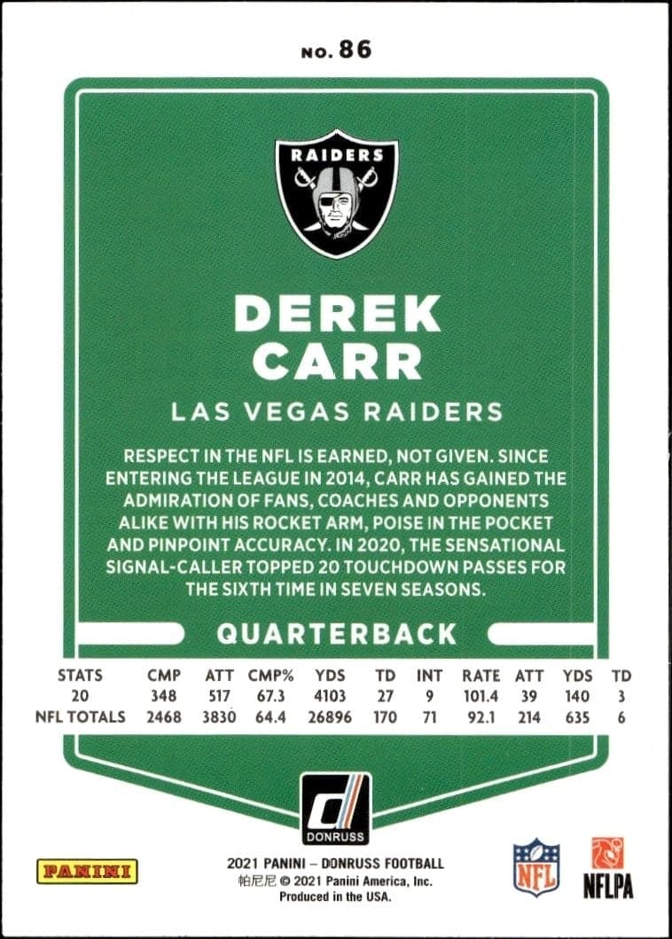 2021 Donruss Derek Carr #86 football trading card back