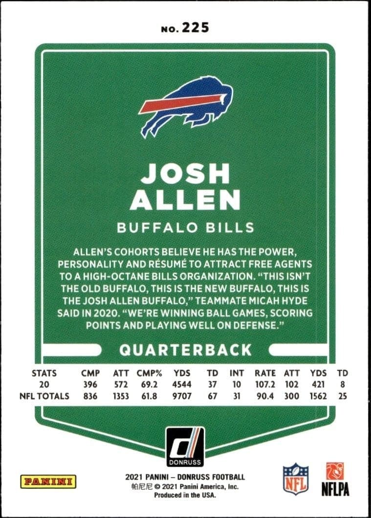 2021 Donruss Josh Allen #225 football trading card back