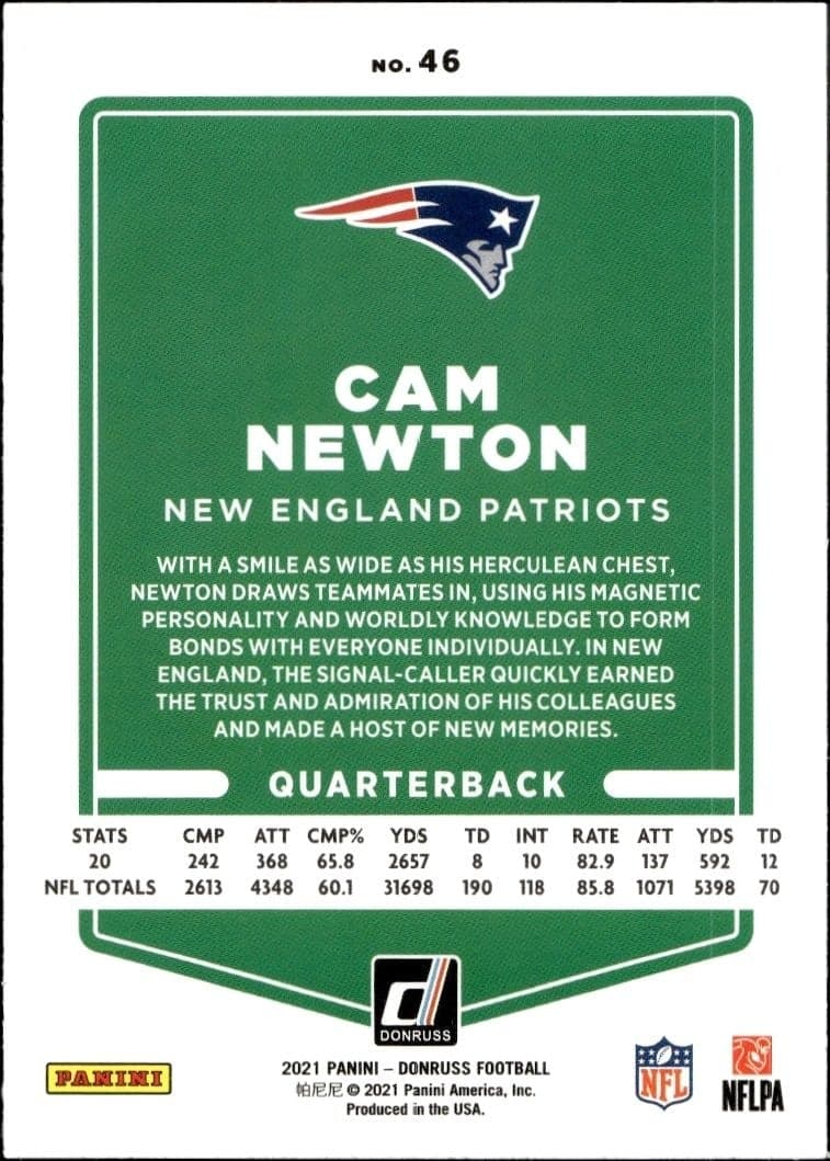 2021 Donruss Cam Newton #46 football trading card back