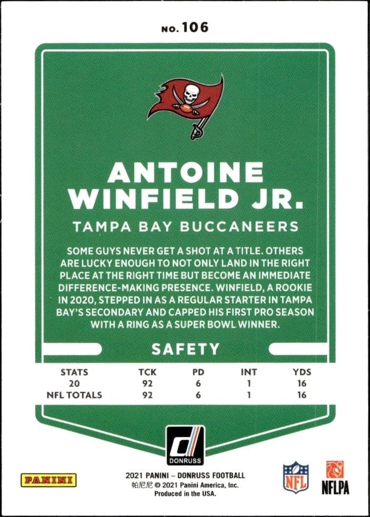 2021 Donruss Antoine Winfield Jr. #106 football trading card back