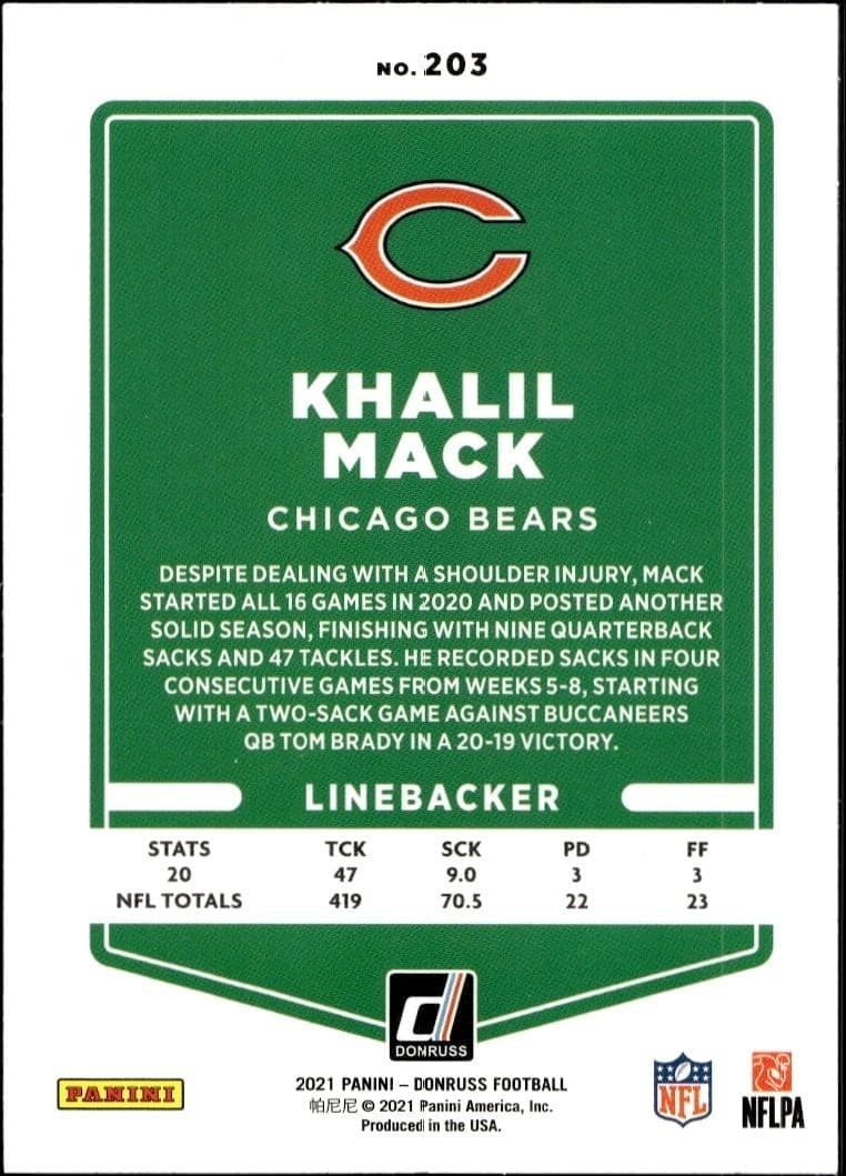 2021 Donruss Khalil Mack #203 football trading card back