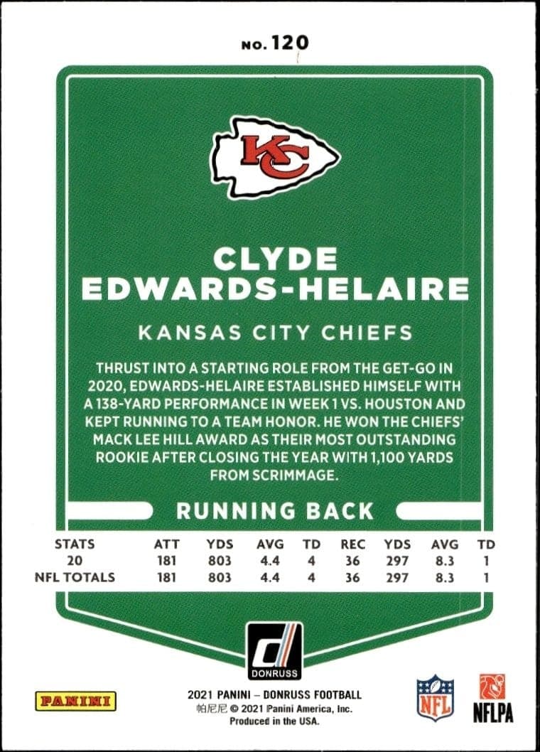 2021 Donruss Clyde Edwards-Helaire #120 football trading card back