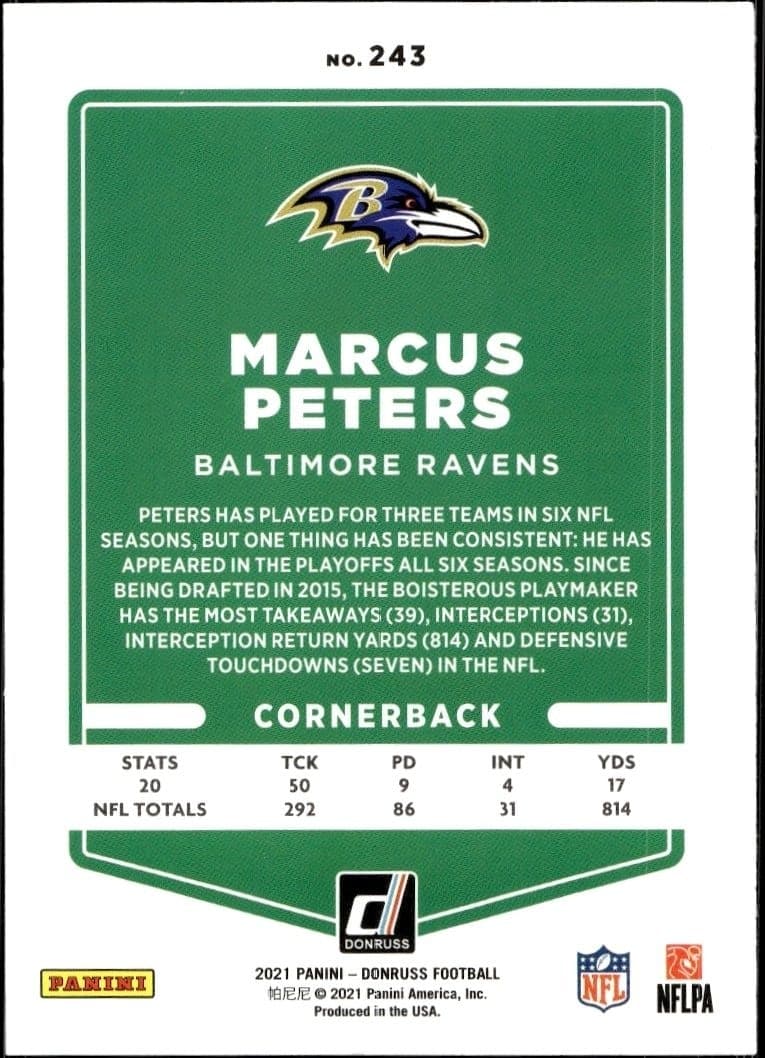 2021 Donruss Marcus Peters #243 football trading card back