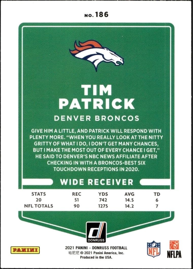 2021 Donruss Tim Patrick #186 football trading card back