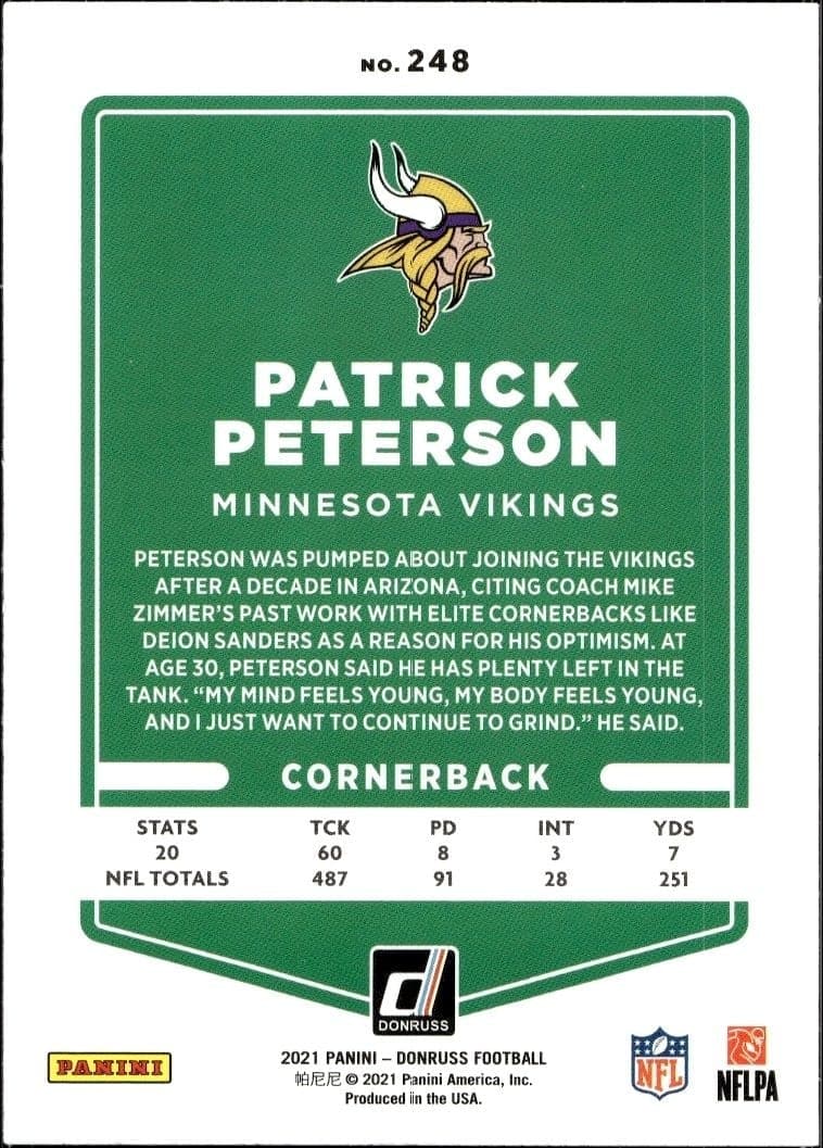 2021 Donruss Patrick Peterson #248 football trading card back