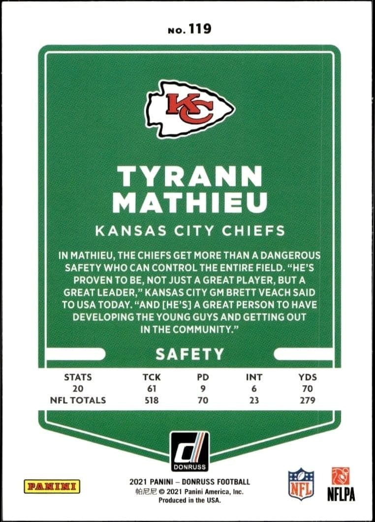 2021 Donruss Tyrann Mathieu #119 football trading card back
