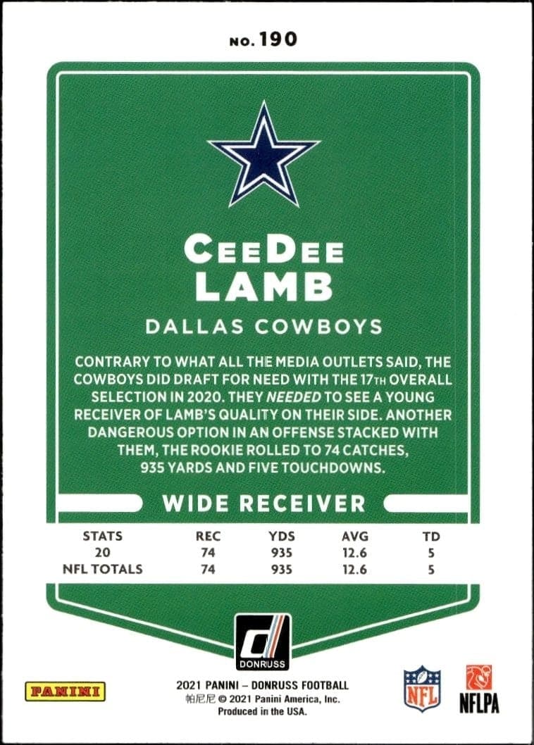 2021 Donruss CeeDee Lamb #190 football trading card back
