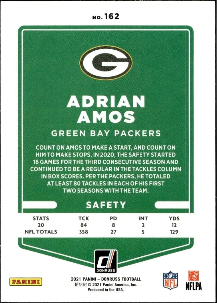 2021 Donruss Adrian Amos #162 football trading card back