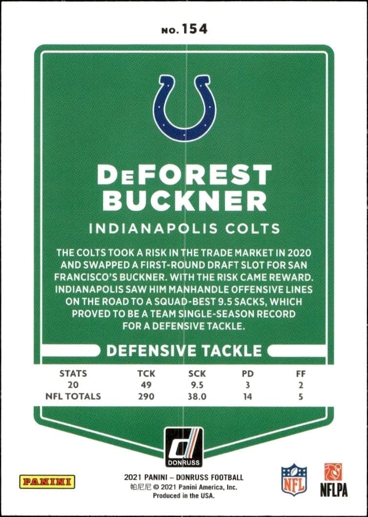 2021 Donruss Deforest Buckner #154 football trading card back
