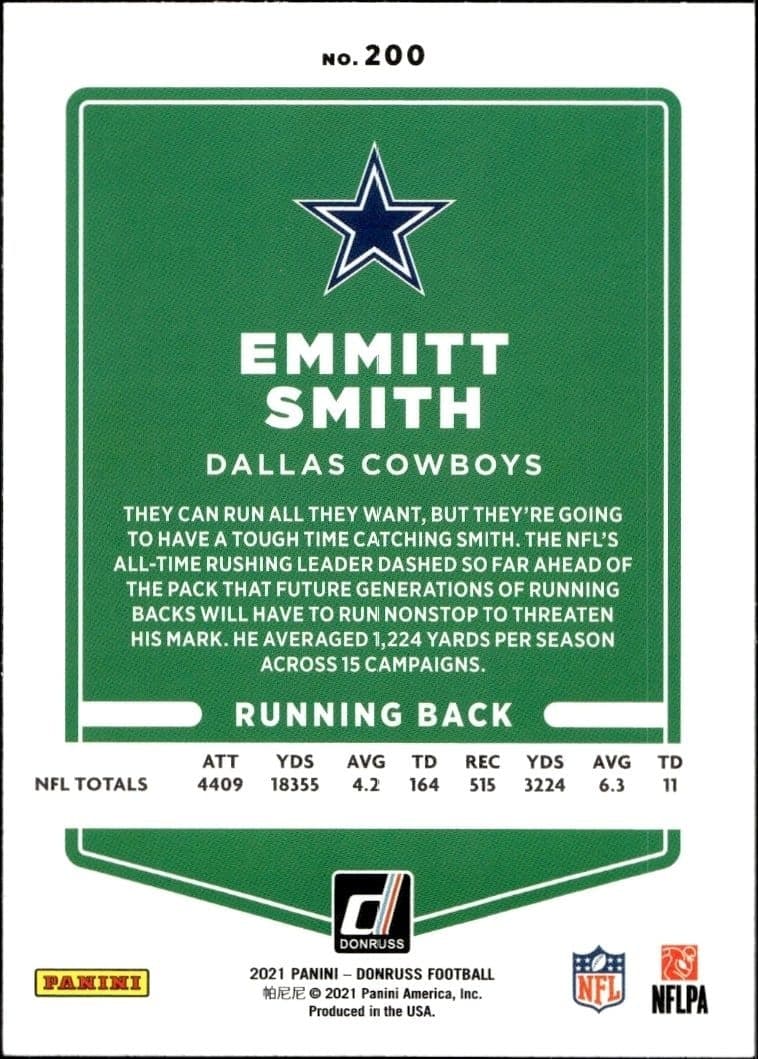 2021 Donruss Emmitt Smith #200 football trading card back