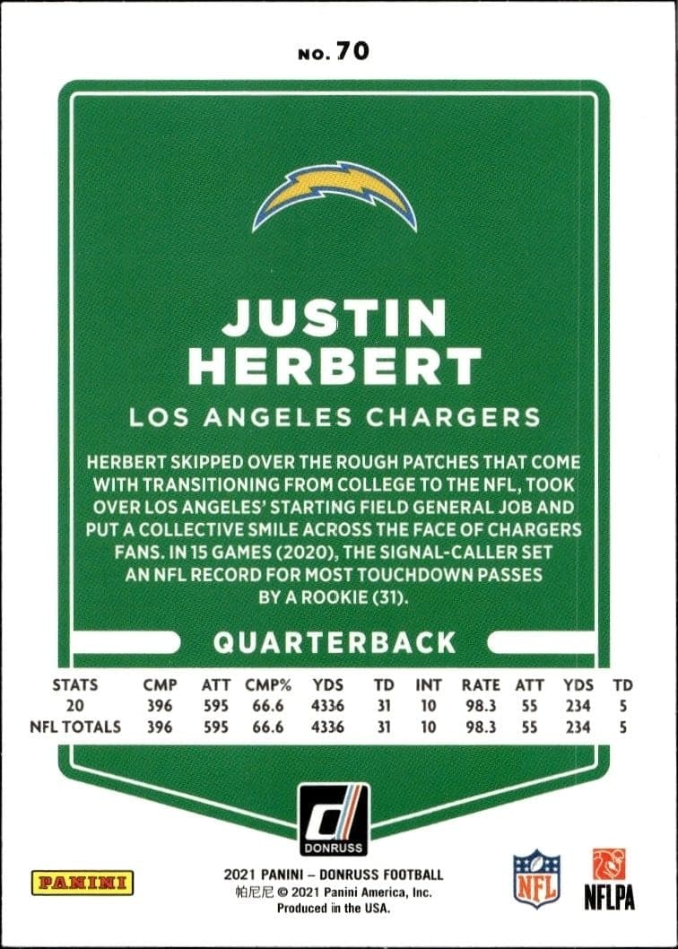 2021 Donruss Justin Herbert #70 football trading card back