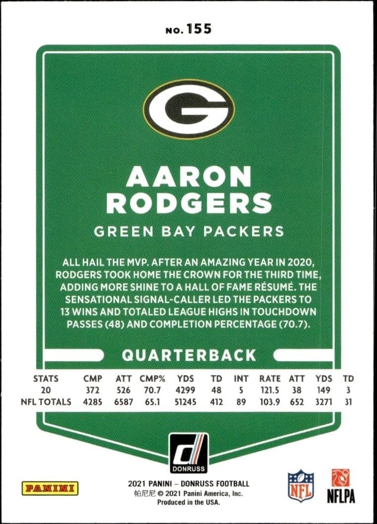 2021 Donruss Aaron Rodgers #155 football trading card back