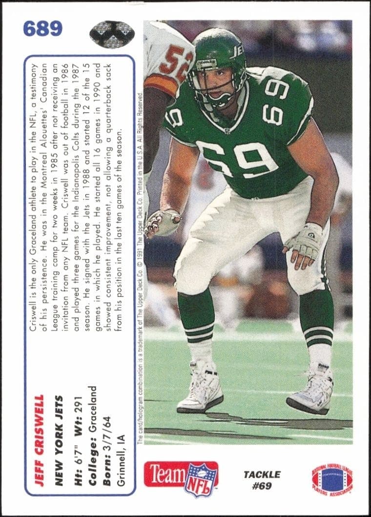 1991 Upper Deck Jeff Criswell #689 football trading card back
