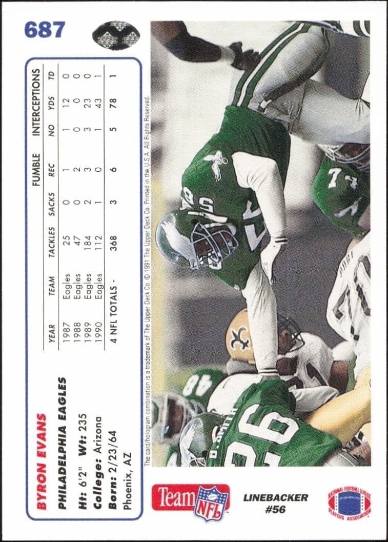 1991 Upper Deck Byron Evans #687 football trading card back
