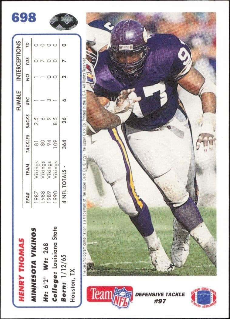1991 Upper Deck Henry Thomas #698 football trading card back