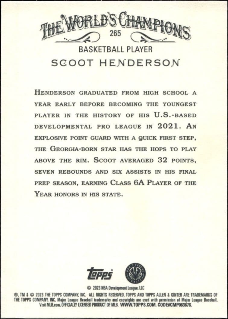 2023 Topps Allen & Ginter Scoot Henderson #265 baseball trading card back