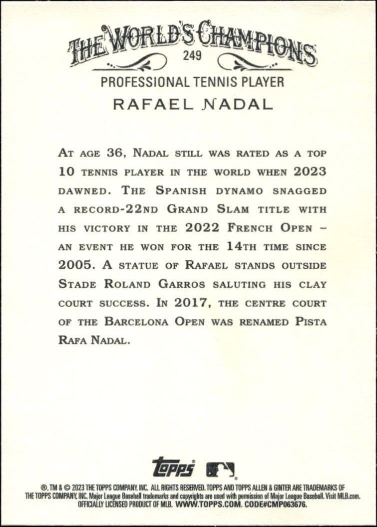 2023 Topps Allen & Ginter Rafael Nadal #249 baseball trading card back