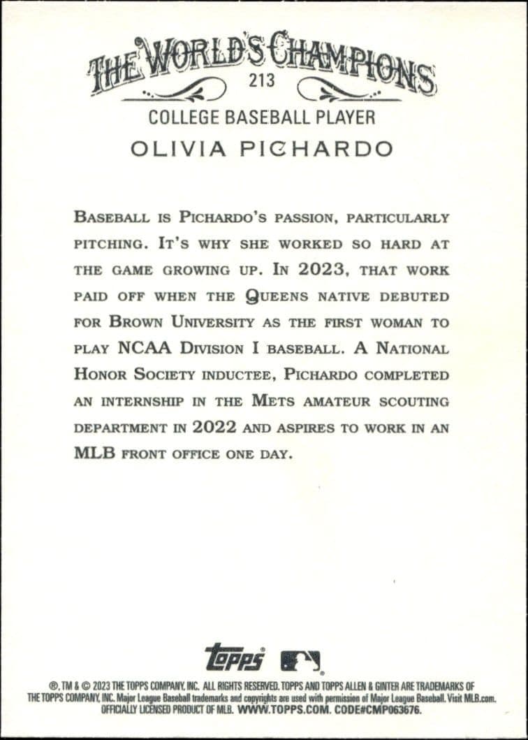 2023 Topps Allen & Ginter Olivia Pichardo #213 baseball trading card back