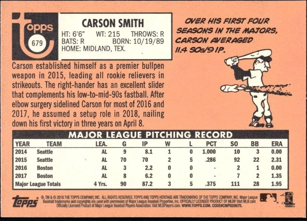 2018 Topps Heritage High Number Carson Smith #679 baseball trading card back