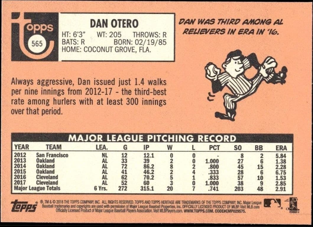 2018 Topps Heritage High Number Dan Otero #565 baseball trading card back