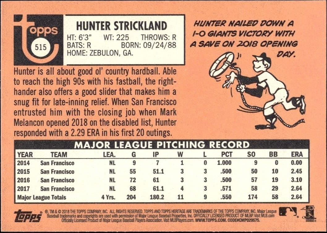 2018 Topps Heritage High Number Hunter Strickland #515 baseball trading card back