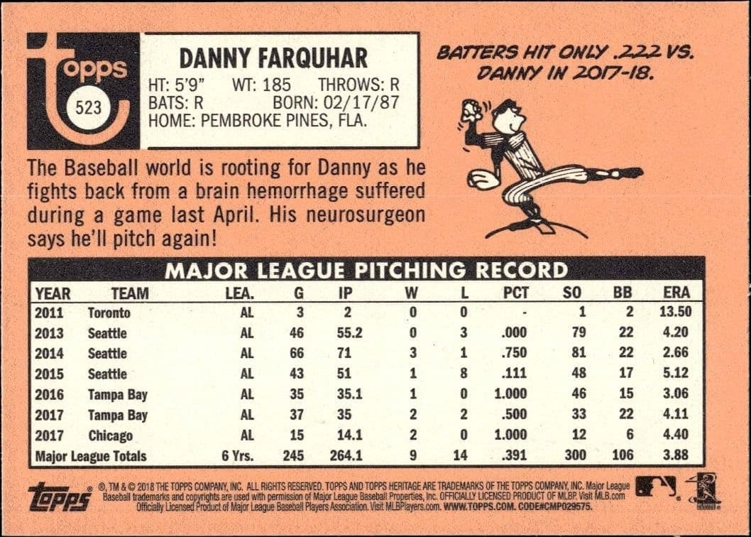 2018 Topps Heritage High Number Danny Farquhar #523 baseball trading card back